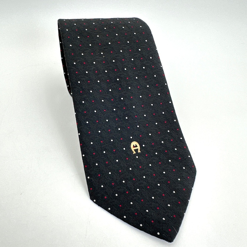Etienne Aigner Tie Mens OS Black Red White Pin Dot Horseshoe Logo 55"x3.25"